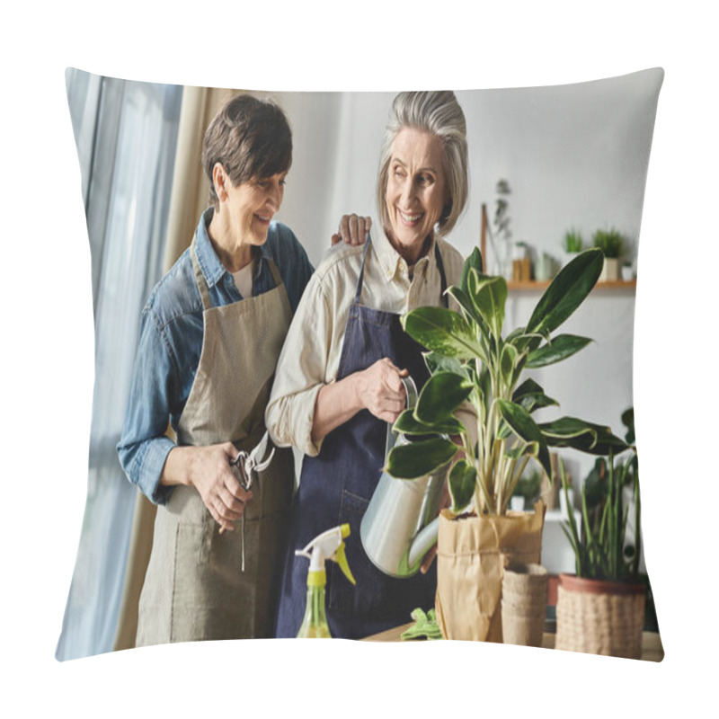 Personality  Mature Lesbian Couple In Aprons Nurturing A Plant Together. Pillow Covers