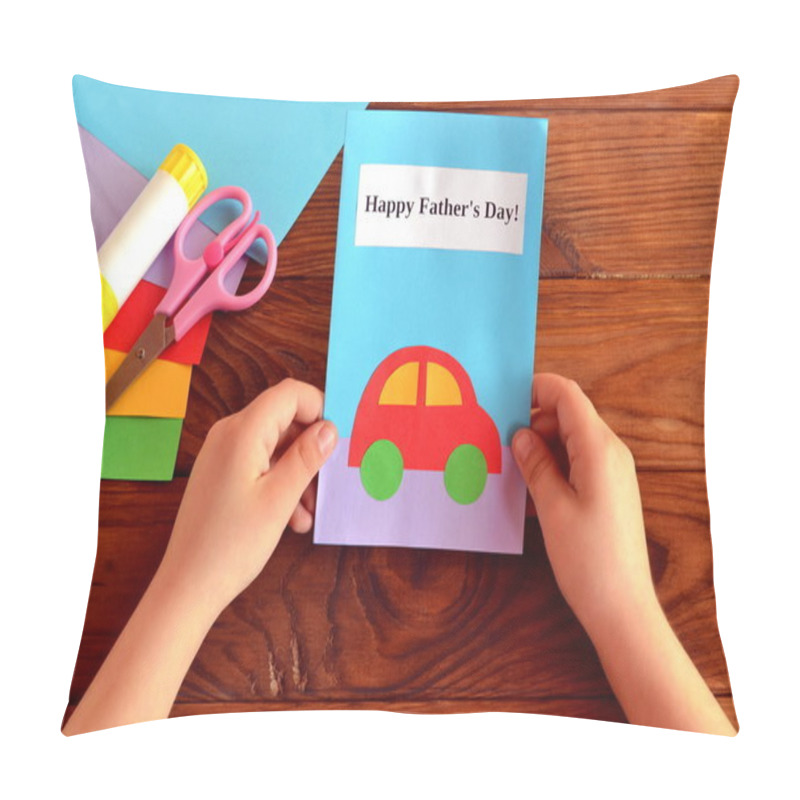 Personality  Child Holds A Card In His Hand. Greeting Card Happy Father's Day. Paper Sheets, Scissors, Glue. How To Make A Greeting Card Father's Day  Pillow Covers