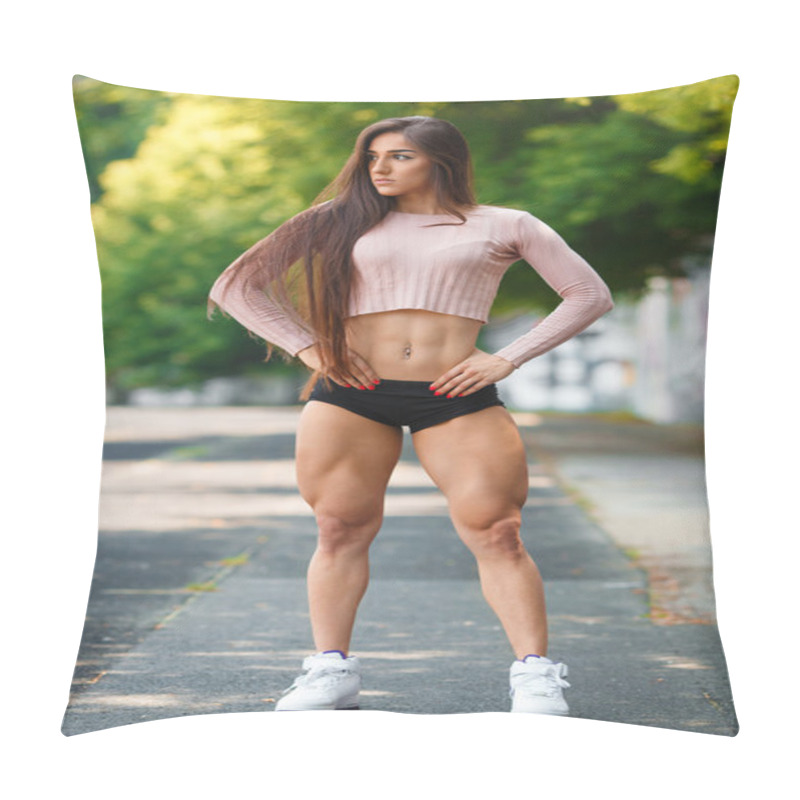 Personality  Beautiful Muscular Girl Posing Outdoor. Sexy Athletic Woman With Big Quads Pillow Covers