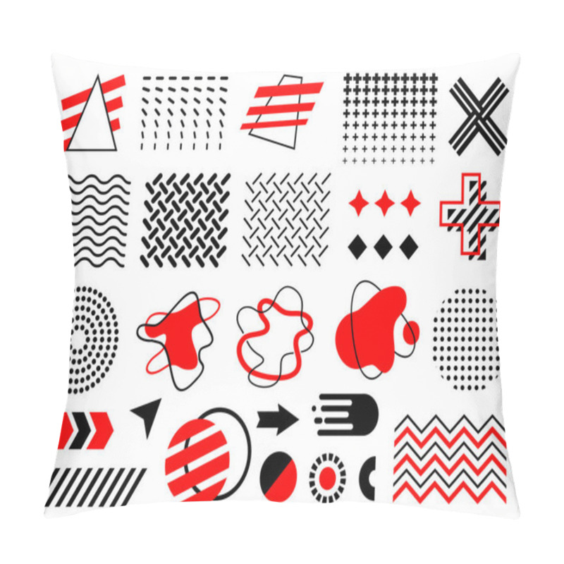 Personality  Red And Black Memphis Set, Vector Collection Of Abstract Geometric Flat Shapes, Circle, Arrows, Amoeba, Dot Gradient, Waves, Zigzags, Fireball, Isolated On White Background Pillow Covers