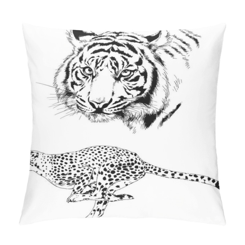 Personality  Set Of Vector Drawings On The Theme Of Predators Tigers Are Drawn By Hand With Ink Tattoo Logos Pillow Covers