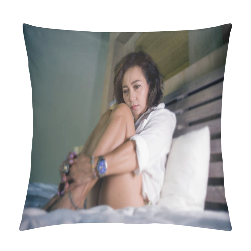 Personality  Dramatic Lifestyle Portrait Of Attractive Sad And Depressed Middle Aged Around 50s Woman Feeling Upset Alone On Bed Suffering Depression And Anxiety Crisis Pillow Covers