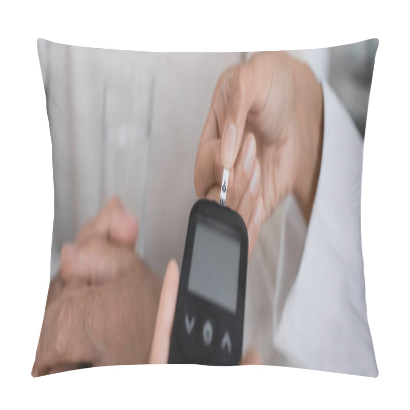 Personality  Partial View Of African American Doctor Showing Test Strip On Glucometer Device To Middle Aged Patient, Banner Pillow Covers