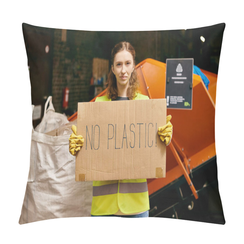 Personality  Young Eco-conscious Volunteer In Gloves And Safety Vest Sorting Waste, Emphatically Displaying No Plastic Sign. Pillow Covers