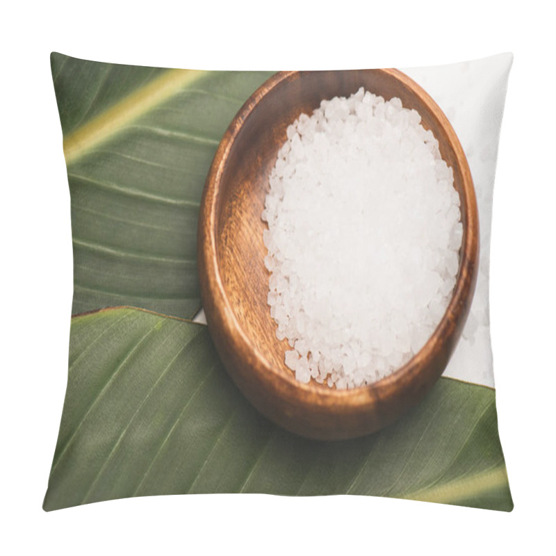 Personality  Green Leaves And Wooden Bowl With Sea Salt On White Background Pillow Covers