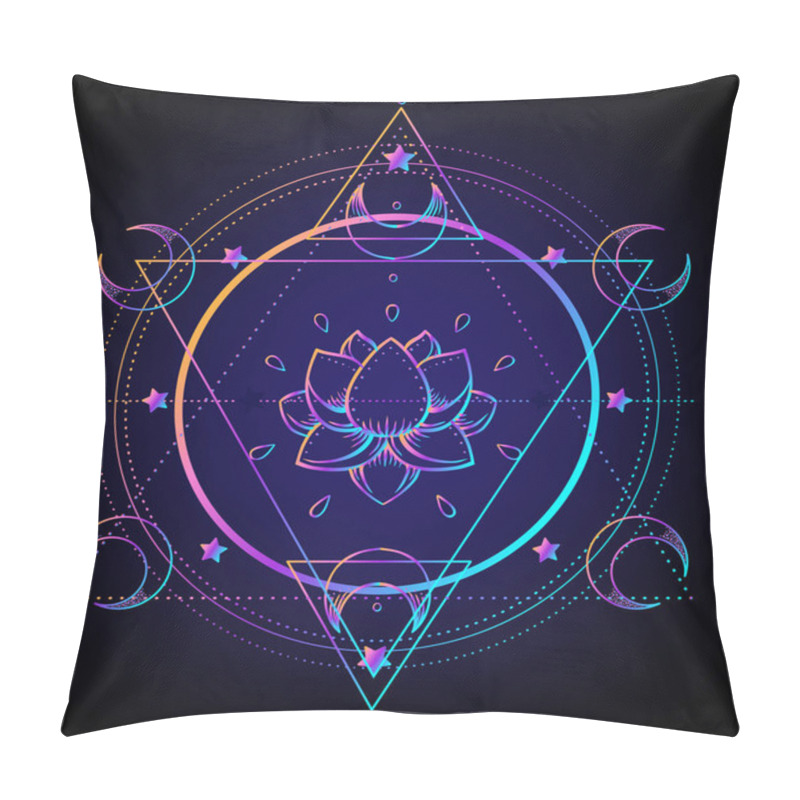 Personality  Sacred Geometry And Boo Symbol Set. Ayurveda Sign Of Harmony And Balance. Tattoo Design, Yoga Logo, T-shirt Textile. Colorful Gradient Over Black. Astrology, Esoteric, Religion. Pillow Covers