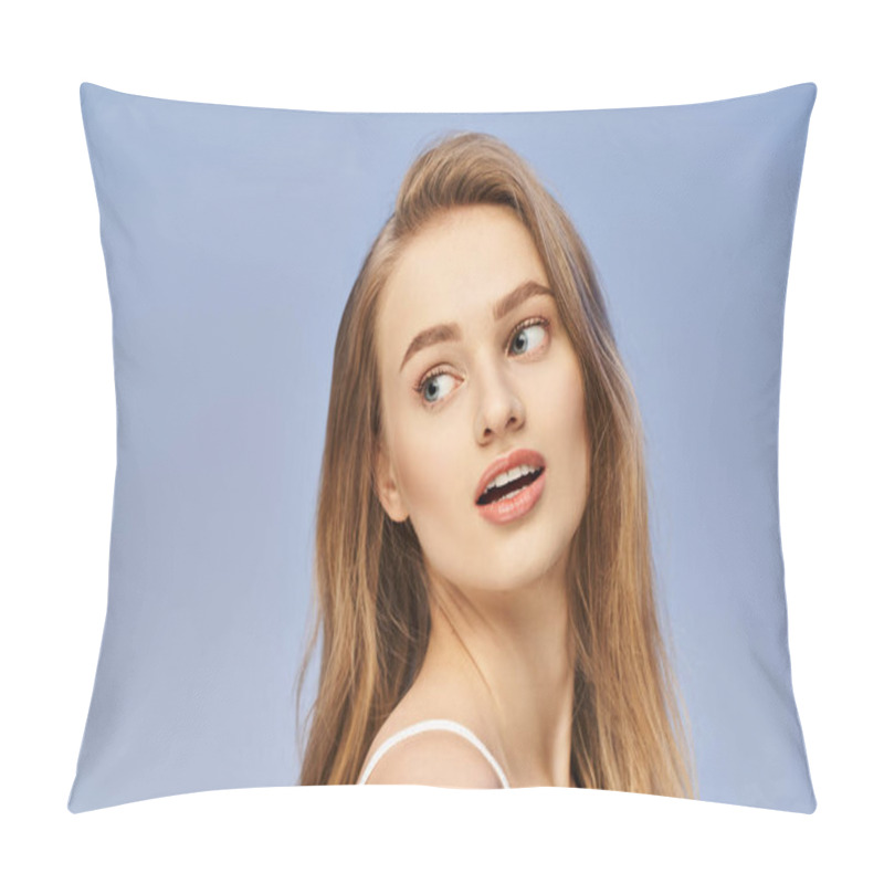 Personality  A Young, Blonde Woman In A Studio Setting, With A Look Of Surprise On Her Face. Pillow Covers