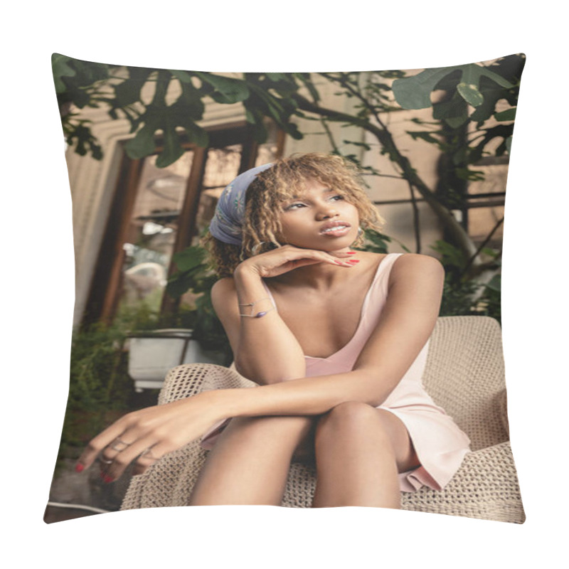 Personality  Trendy Young African American Woman In Summer Dress And Headscarf Sitting On Armchair Near Blurred Plants In Modern Greenhouse, Woman In Comfortable And Trendy Summer Outfit Pillow Covers