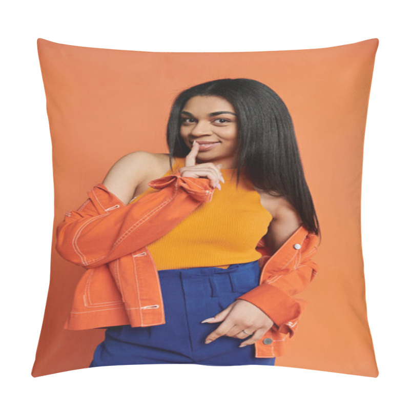 Personality  A Stylish Woman Playfully Holds A Finger To Her Lips, Inviting Intrigue And Charm. Pillow Covers