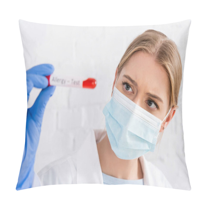 Personality  Doctor In Medical Mask Holding Tube During Allergy Test On Blurred Foreground  Pillow Covers