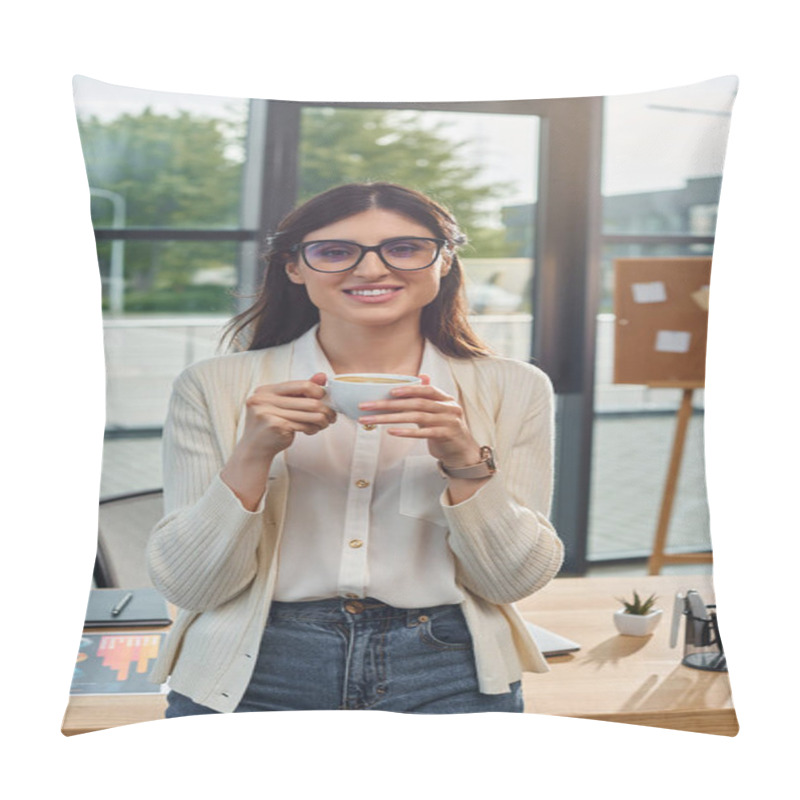 Personality  A Modern Businesswoman In Glasses Savors A Cup Of Coffee In Her Office Workspace, Embodying The Essence Of A Thriving Franchise Concept. Pillow Covers