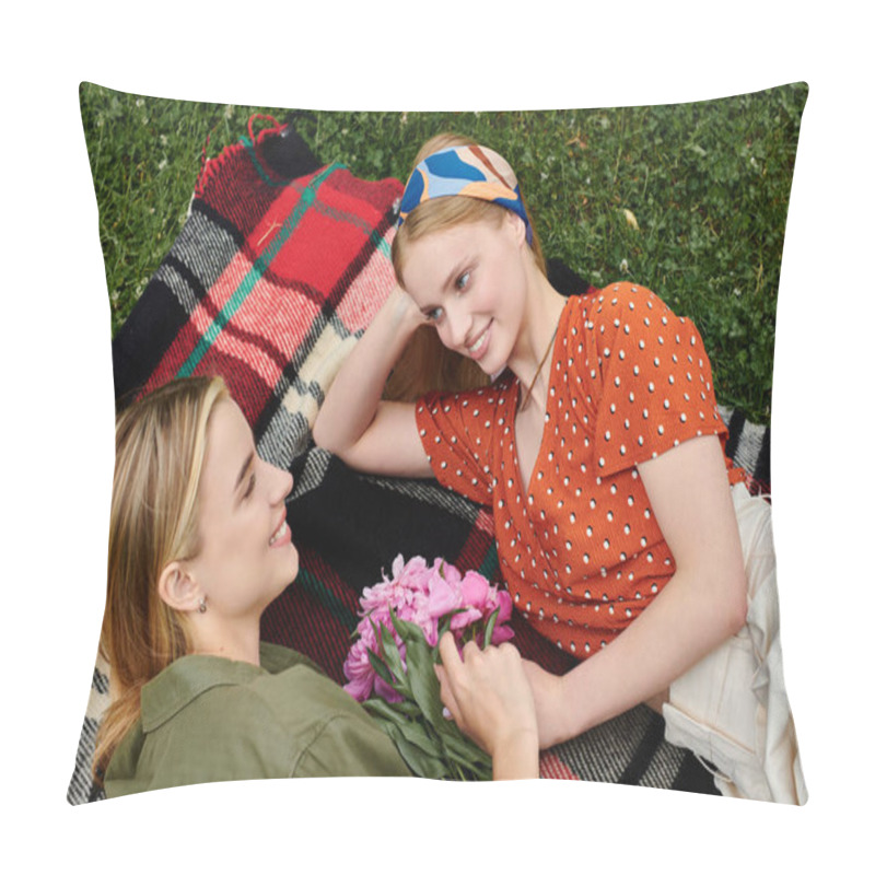 Personality  A Young Lesbian Couple Enjoys A Romantic Picnic In A Lush Green Park, Surrounded By Vibrant Flowers. Pillow Covers