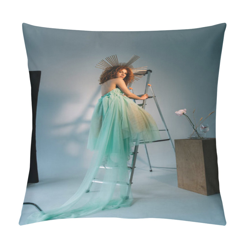 Personality  Beautiful Stylish Girl With Accessory On Head Posing On Ladder And Looking At Camera Pillow Covers