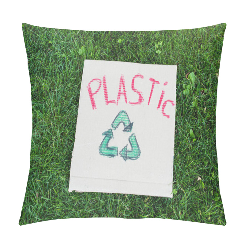 Personality  Top View Of Recycle Sign And Plastic Lettering On Placard On Green Grass, Ecology Concept Pillow Covers