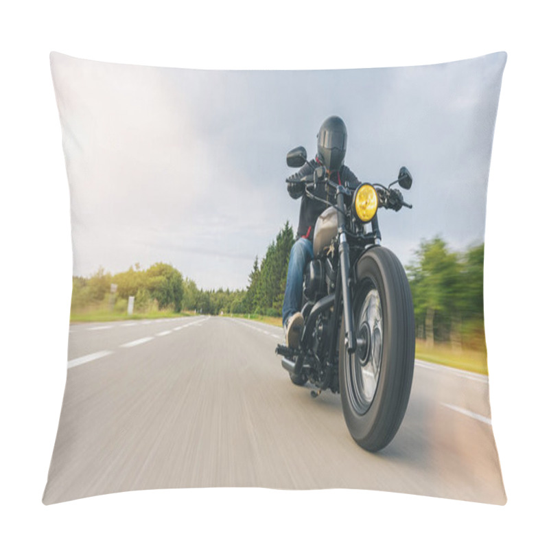 Personality  Motorbike Chopper On The Country Road Riding. Having Fun Driving The Empty Road On A Motorcycle Tour. Copyspace For Your Individual Text. Pillow Covers