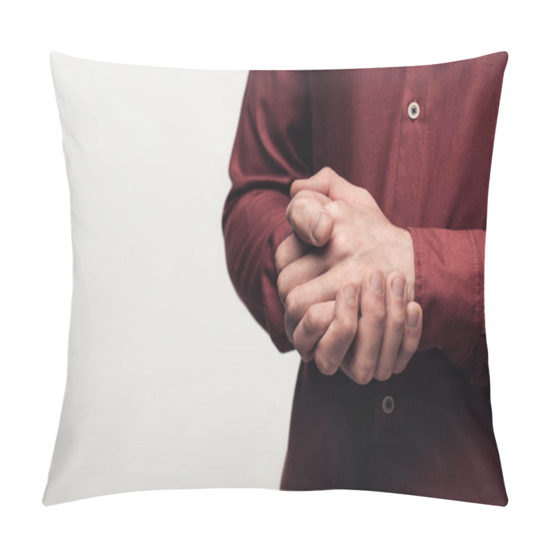 Personality  Partial View Of Man With Clenched Hands Using Body Language Isolated On Grey, Human Emotion And Expression Concept Pillow Covers