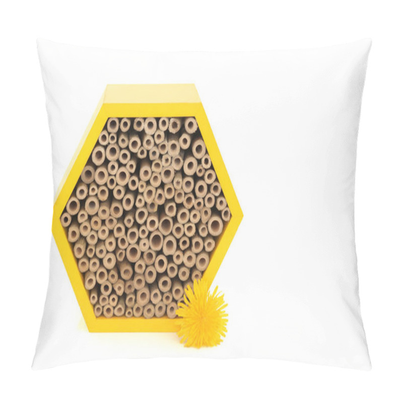 Personality  Bee House Hexagonal Shape For Conservation And Protection With Honey Bees Dandelion Flower. Eco Friendly Wooden Shelter With Bamboo On White Background. Pillow Covers