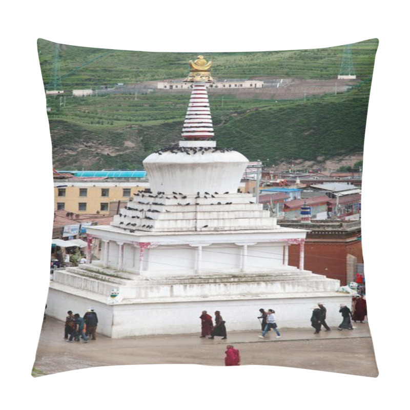 Personality  Monks And Tibetan People Walking Around White Stupa  Pillow Covers