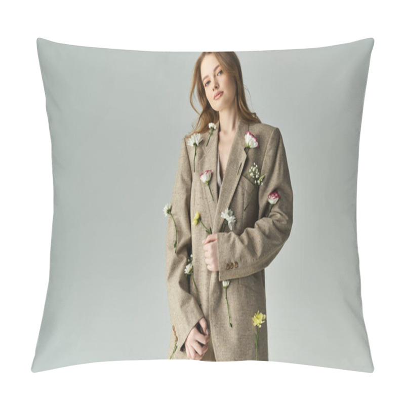 Personality  A Young Woman Elegantly Poses, Showcasing Flowers Decorating Her Blazer. Pillow Covers