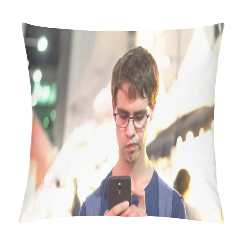 Personality  Young Caucasian Man With Glasses Calling Using Smartphone With Out Of Focus People In Background - Model Released Pillow Covers