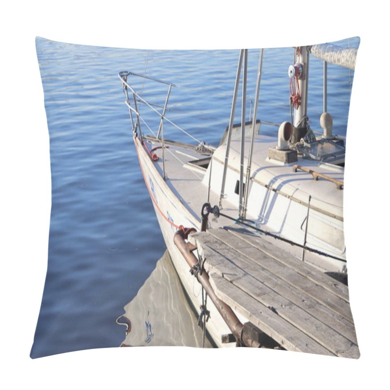 Personality  White Yacht At The Wooden River Pier, Volga, Dubna, July, 2021 Pillow Covers