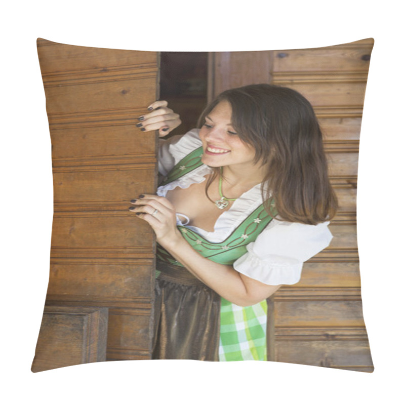 Personality  Woman In Dirndl Looking Around The Corner Pillow Covers