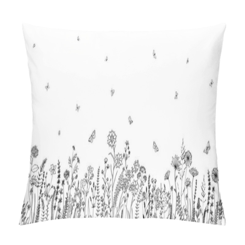 Personality  Wildflowers And Grasses With Various Insects. Fashion Sketch For Various Design Ideas. Monochrom Print. Pillow Covers