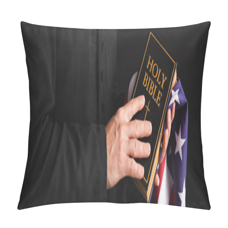 Personality  Panoramic Concept Of Priest Holding Holy Bible And American Flag Isolated On Black  Pillow Covers