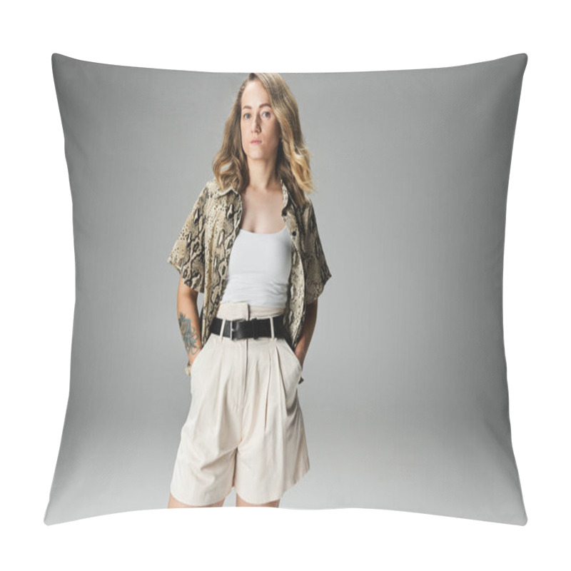 Personality  Woman With Vitiligo Shows Her Style In Light Shorts And A Patterned Shirt. Pillow Covers