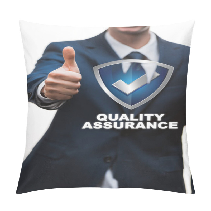 Personality  Selective Focus Of Happy Businessman In Suit Showing Thumb Up Near Quality Assurance Lettering On White  Pillow Covers