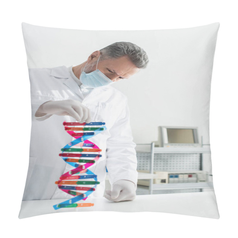 Personality  Geneticist In Medical Mask Looking At Dna Model In Bio Laboratory Pillow Covers