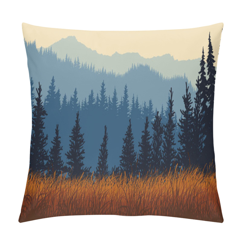 Personality  Horizontal Illustration Of Grassy Meadow With Coniferous Forest  Pillow Covers