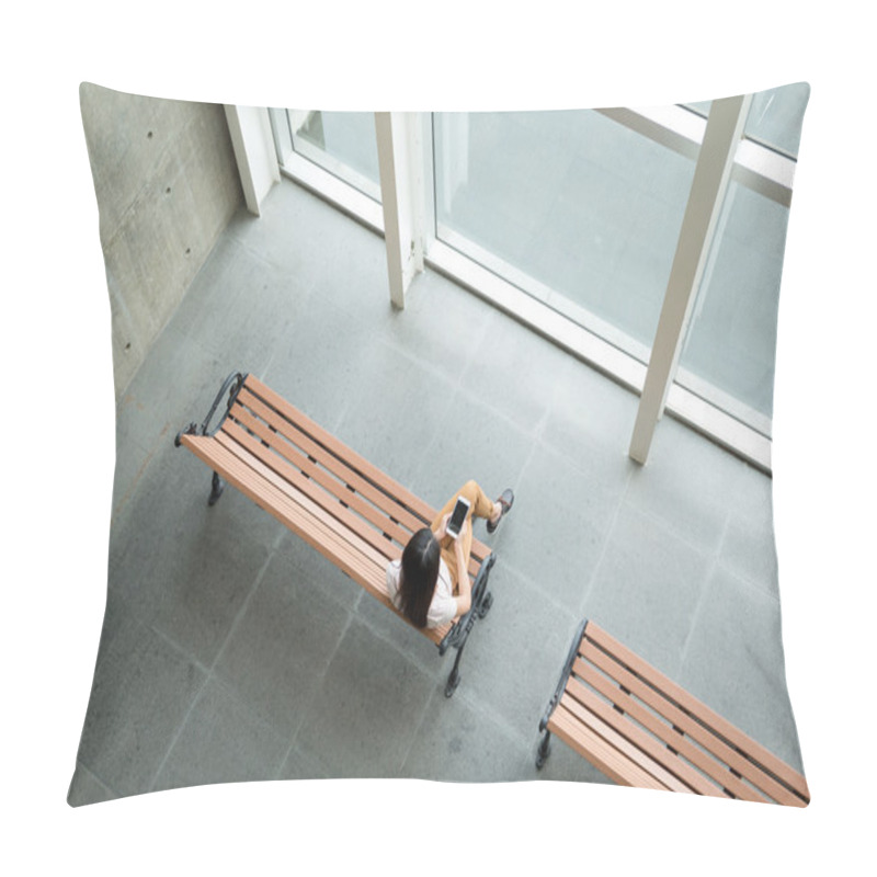 Personality  Woman On Bench Using Smartphone Pillow Covers