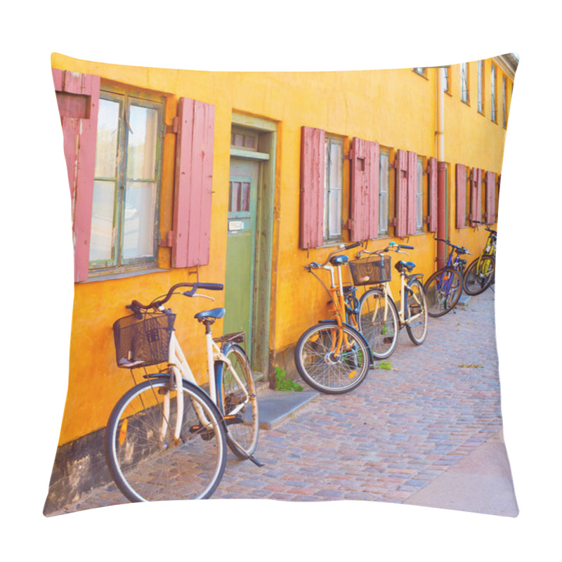 Personality  Bicycles Along Old Building Wall, Copenhagen, Denmark. Pillow Covers