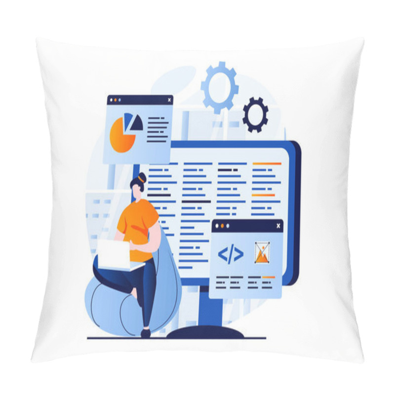 Personality  Software Development Concept With People Scene In Flat Cartoon Design. Woman Developer Working With Programming Language At Computer And Coding At Screens. Illustration Visual Story For Web Pillow Covers