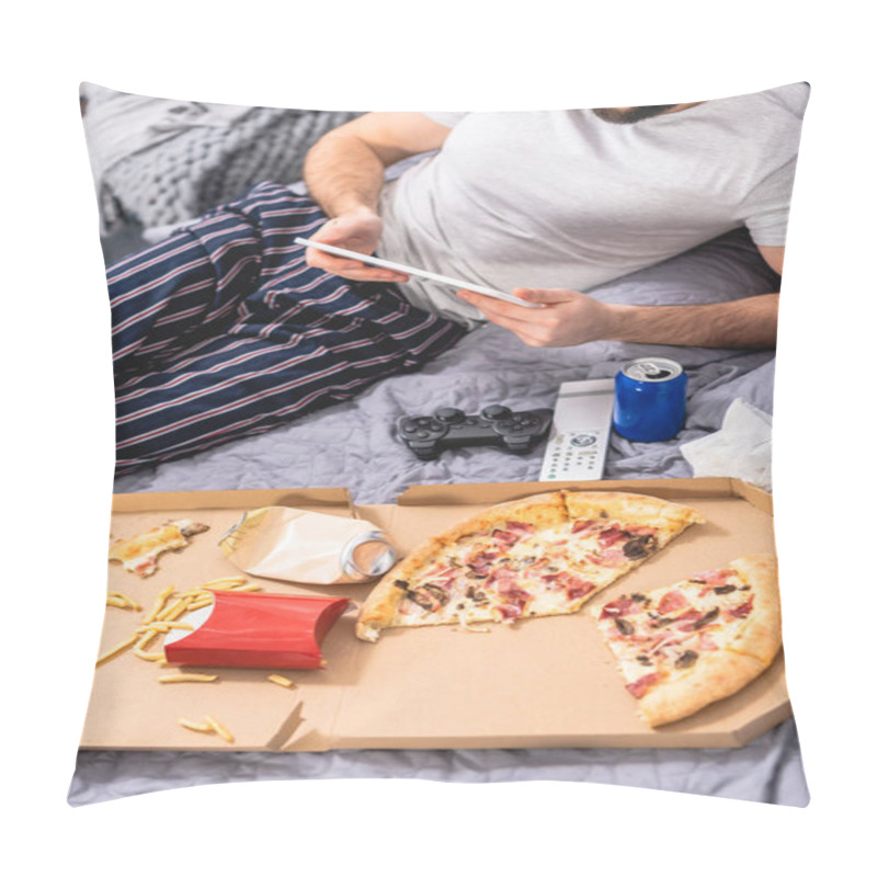 Personality  Cropped Image Of Loner Using Tablet With Pizza On Bed In Bedroom Pillow Covers