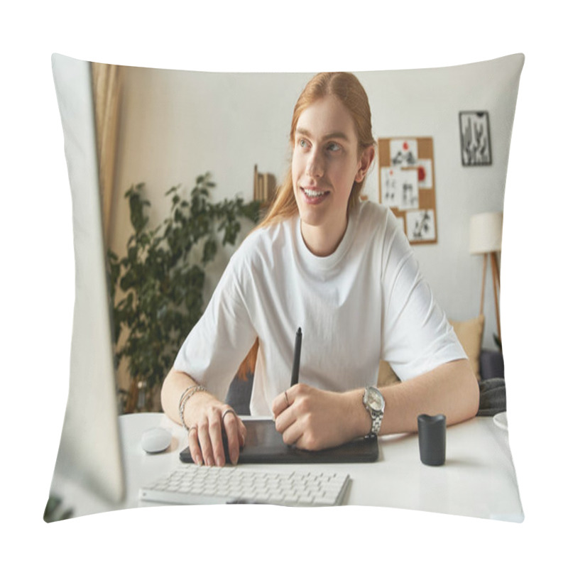 Personality  The Young Man Concentrates As He Uses A Digital Tablet While Seated At A Stylish Desk. Pillow Covers