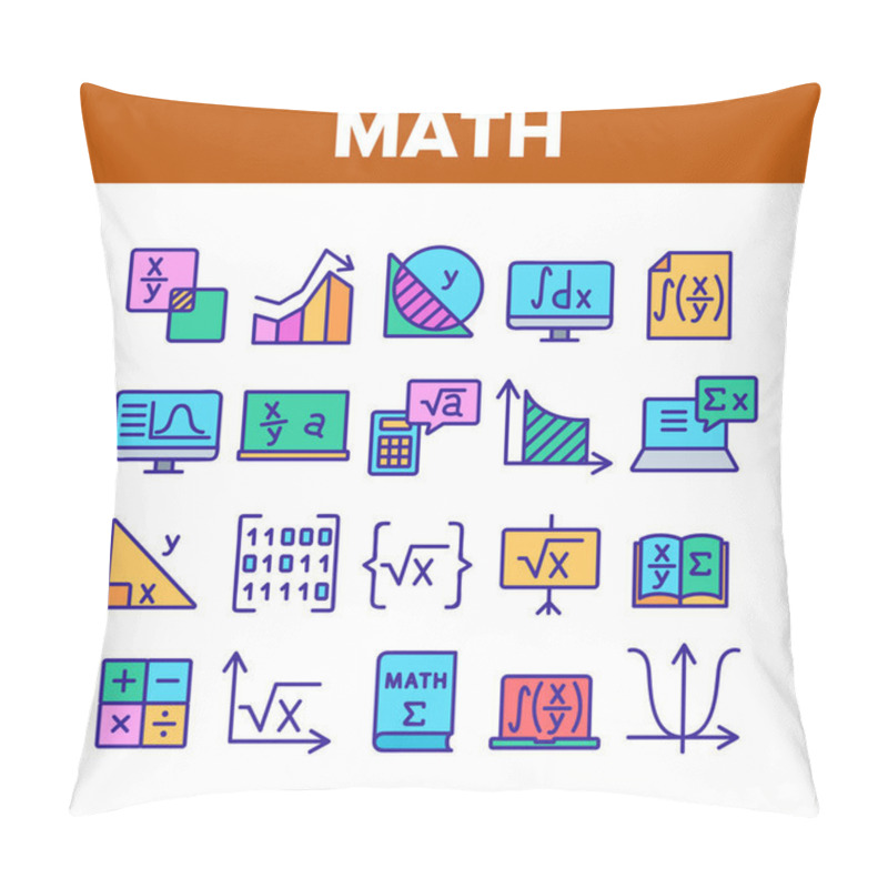 Personality  Math Science Education Collection Icons Set Vector. Math Formula And Function, Geometry Figure And Binary Code, Calculator And Book Concept Linear Pictograms. Color Illustrations Pillow Covers