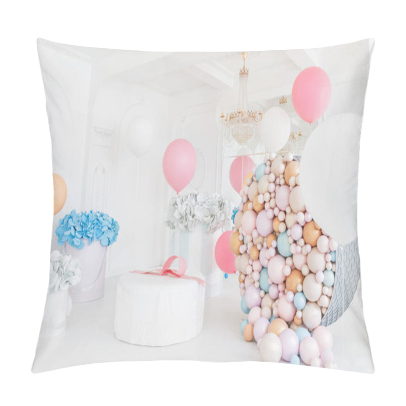 Personality  Boxes With Flowers And A Large Pudrinitsa With Balls And Balloons In Room Decorated For Birthday Party. Pillow Covers