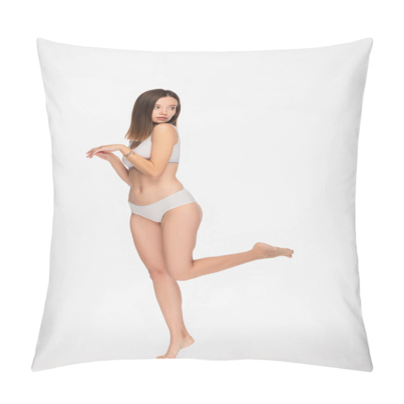 Personality  Full Length View Of Young Woman In Lingerie Looking Back While Posing On One Leg On White Background Pillow Covers