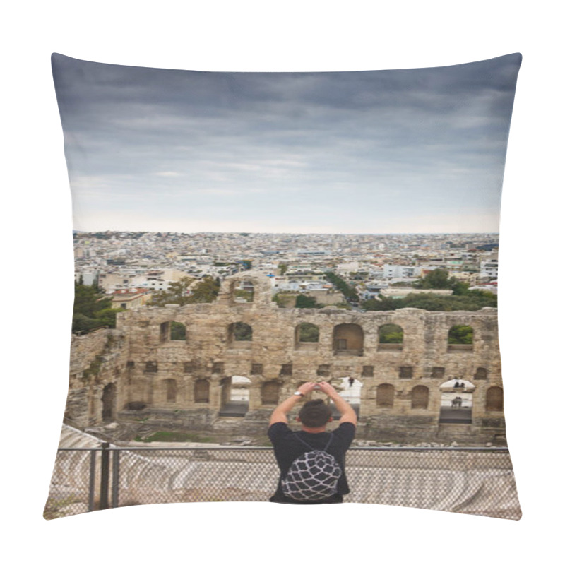 Personality  Tourist Photographing Odeon Of Herodes Atticus And Cityscape Using Mobile Camera, Athens, Greece Pillow Covers