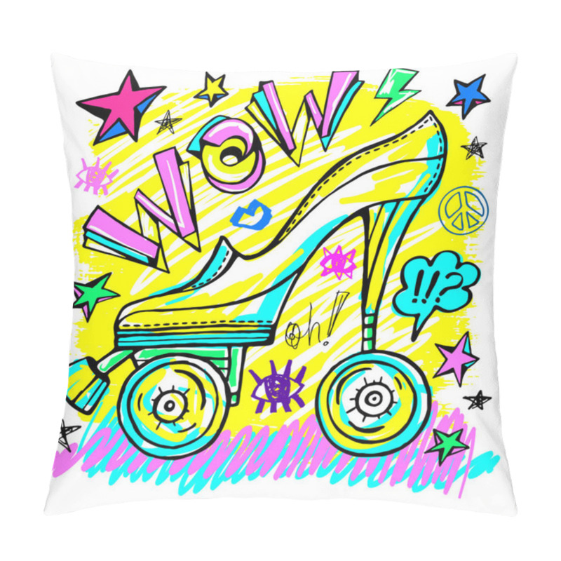 Personality  Wow Rollers Skates Girls Trendy Shoes, High Heel, Sport Slogan Lettering. Color Pencil, Marker, Ink, Pen Doodles Sketch Style. Hand Drawn Illustration Vector. Pillow Covers