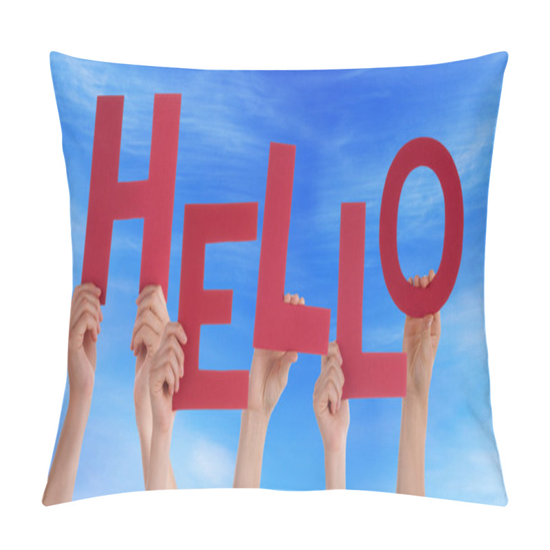 Personality  Many People Hands Holding Red Word Hello Blue Sky Pillow Covers