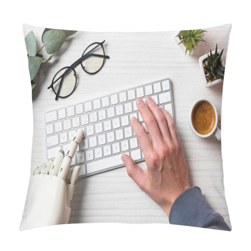 Personality  Cropped Image Of Business With Prosthesis Hand Typing On Computer Keyboard At Table In Office  Pillow Covers