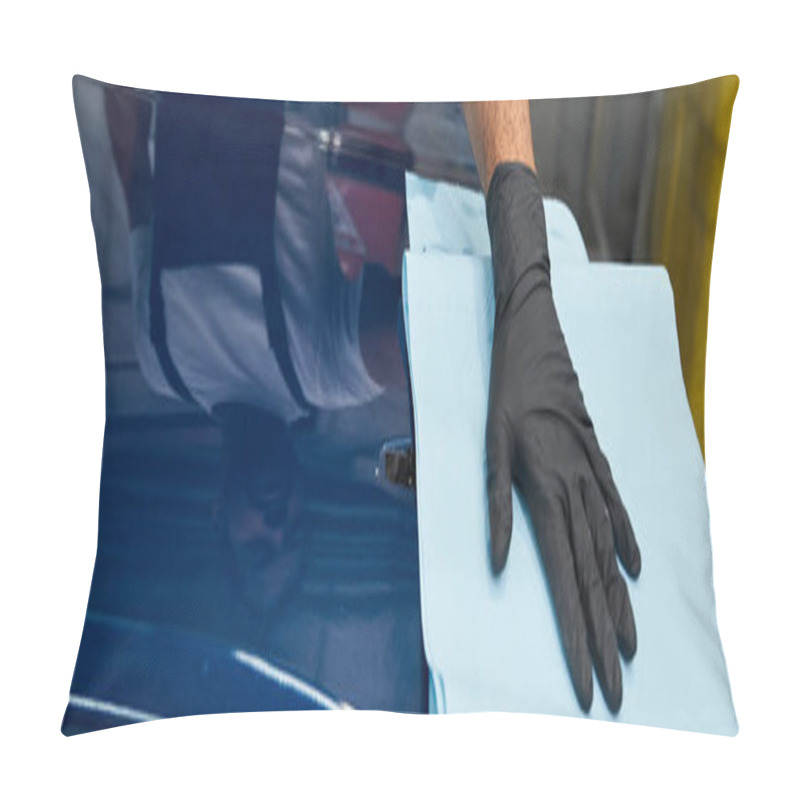 Personality  A Skilled Mechanic Wipes A Car Hood In A Bright Garage, Showing Dedication. Pillow Covers