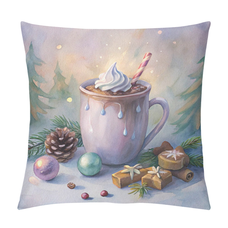 Personality  A Delightful Hot Chocolate Mug Topped With Whipped Cream And A Candy Cane, Surrounded By Pinecones, Festive Ornaments, And Holiday Treats, Creating A Cozy Christmas Atmosphere. Pillow Covers