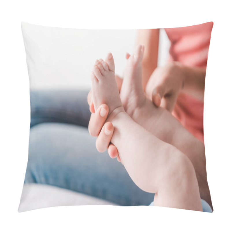 Personality  Selective Focus Of Mother Touching Legs Of Infant  Pillow Covers