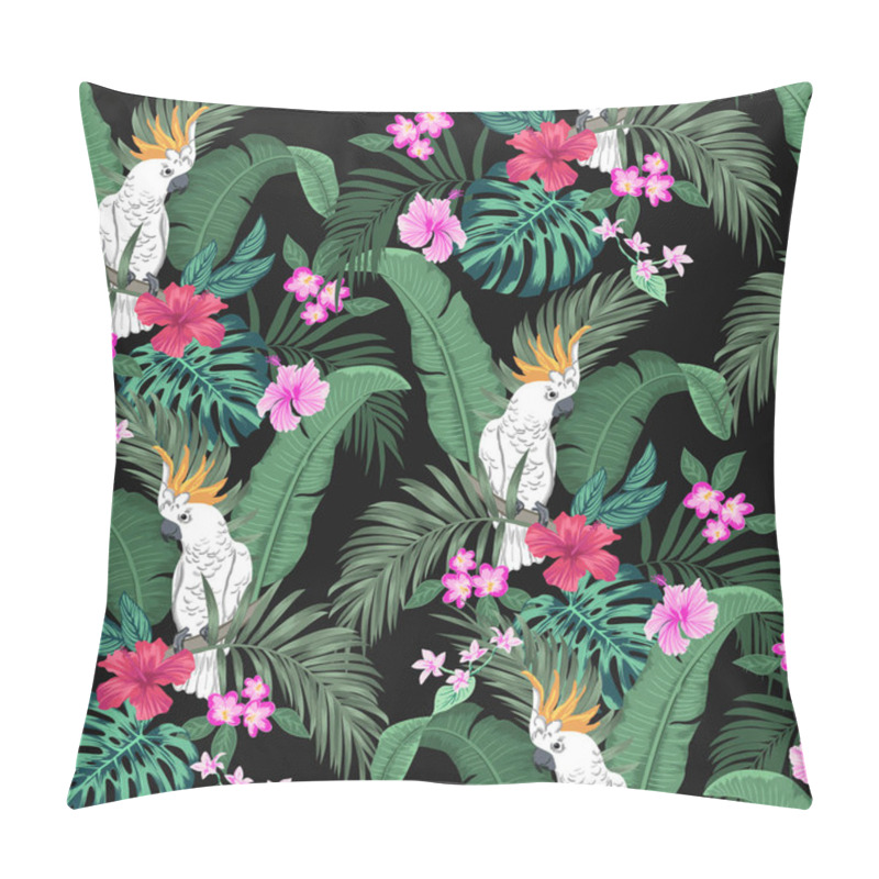 Personality  Vector Seamless Botanical Tropical Pattern With Parrots And Flowers. Floral Exotic Background Design With Banana Leaf, Areca Palm Leaves, Monstera Leaves, Hibiscus Flowers, Frangipani. Pillow Covers