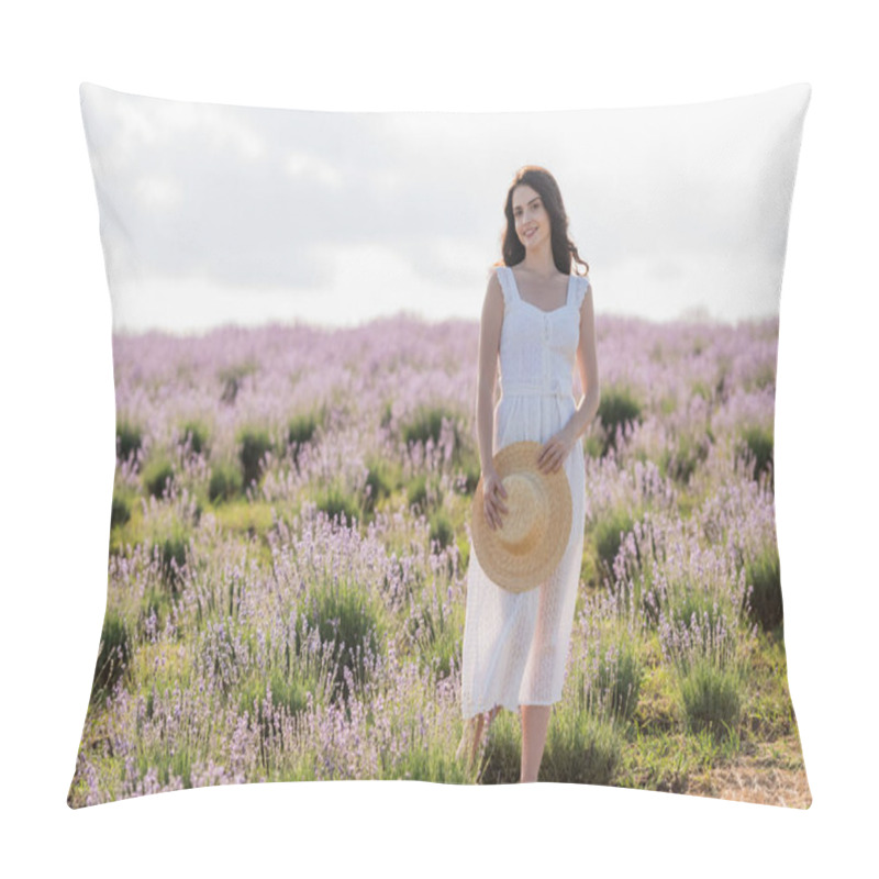 Personality  Happy Woman In Summer Dress Holding Straw Hat While Standing In Lavender Field Pillow Covers