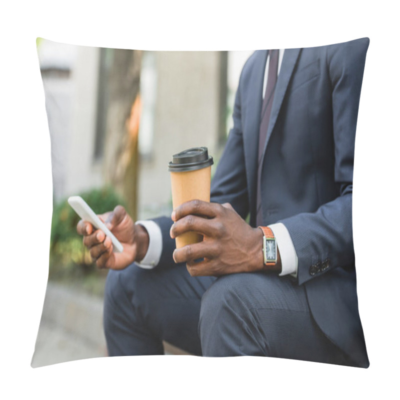 Personality  Cropped View Of African American Businessman Using Mobile Phone And Holding Coffee To Go Outside  Pillow Covers